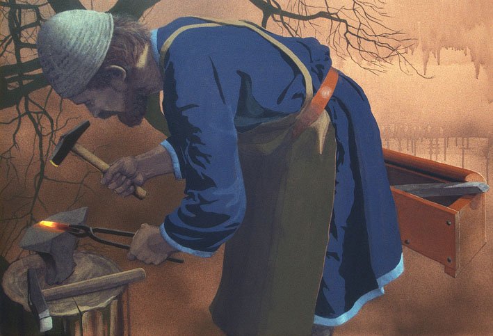 Smed ved ambolt, vikingetid – Schmiedearbeit, Wikingerzeit – Smith's work, Viking Age Smed ved ambolt, vikingetid – Schmiedearbeit, Wikingerzeit – Smith's work, Viking Age